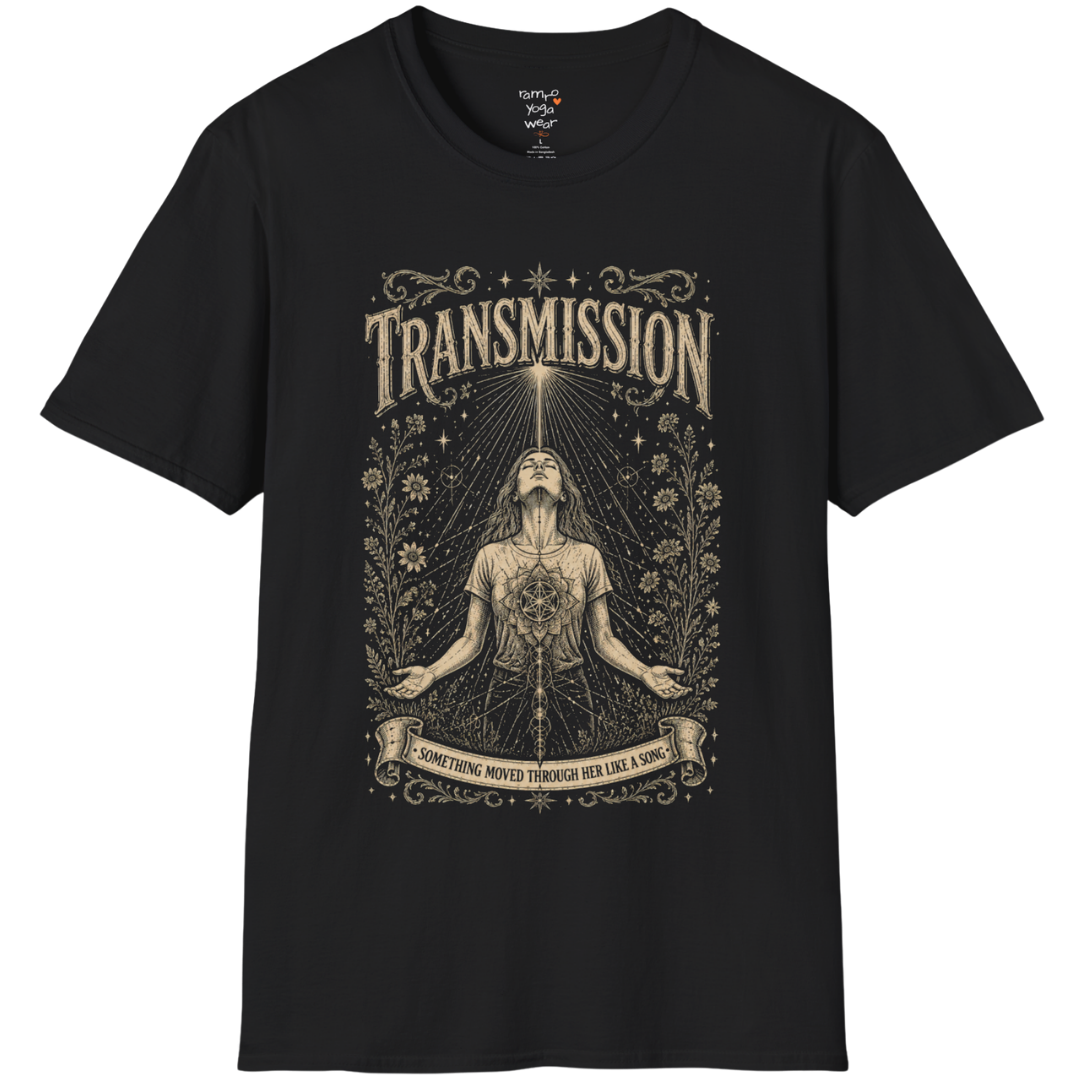Woman receiving sacred light rays in meditation with botanical engraving design — Dark Sacred Stillness collection by Ramro Yoga Wear — Black