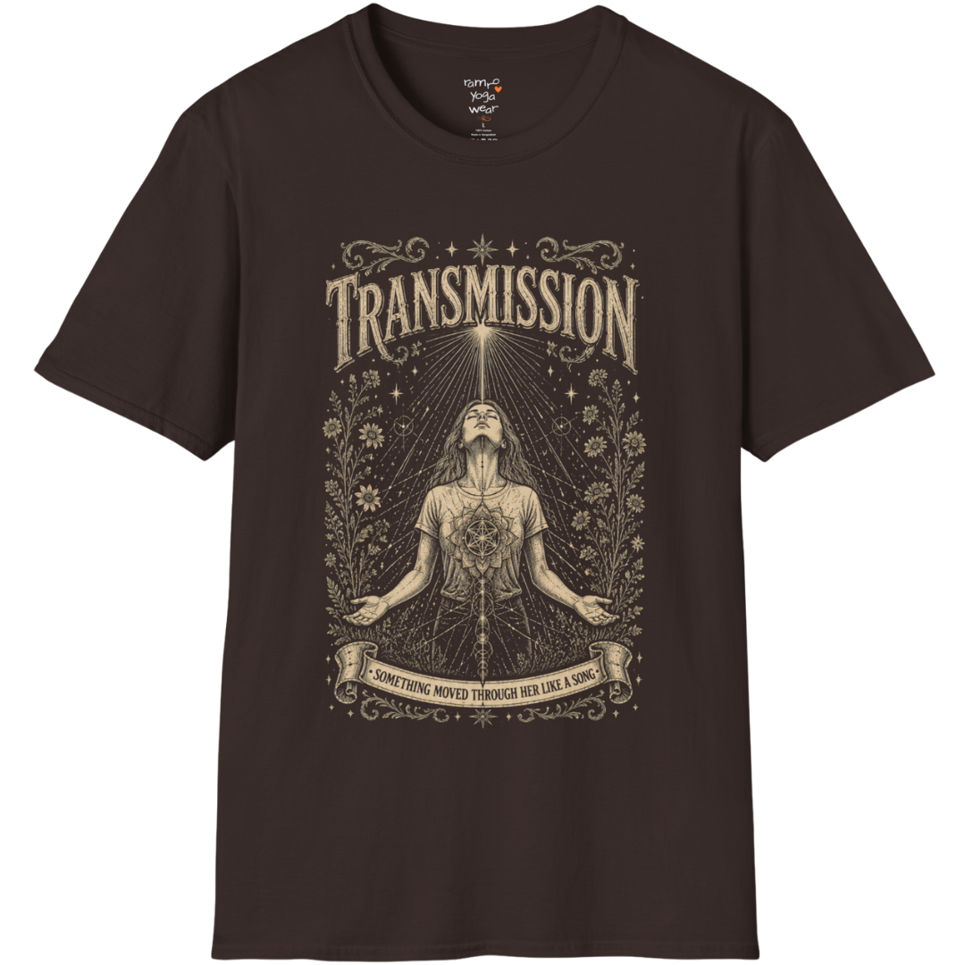 Woman receiving sacred light rays in meditation with botanical engraving design — Dark Sacred Stillness collection by Ramro Yoga Wear — Dark Chocolate