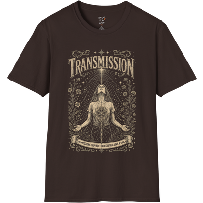 Woman receiving sacred light rays in meditation with botanical engraving design — Dark Sacred Stillness collection by Ramro Yoga Wear — Dark Chocolate