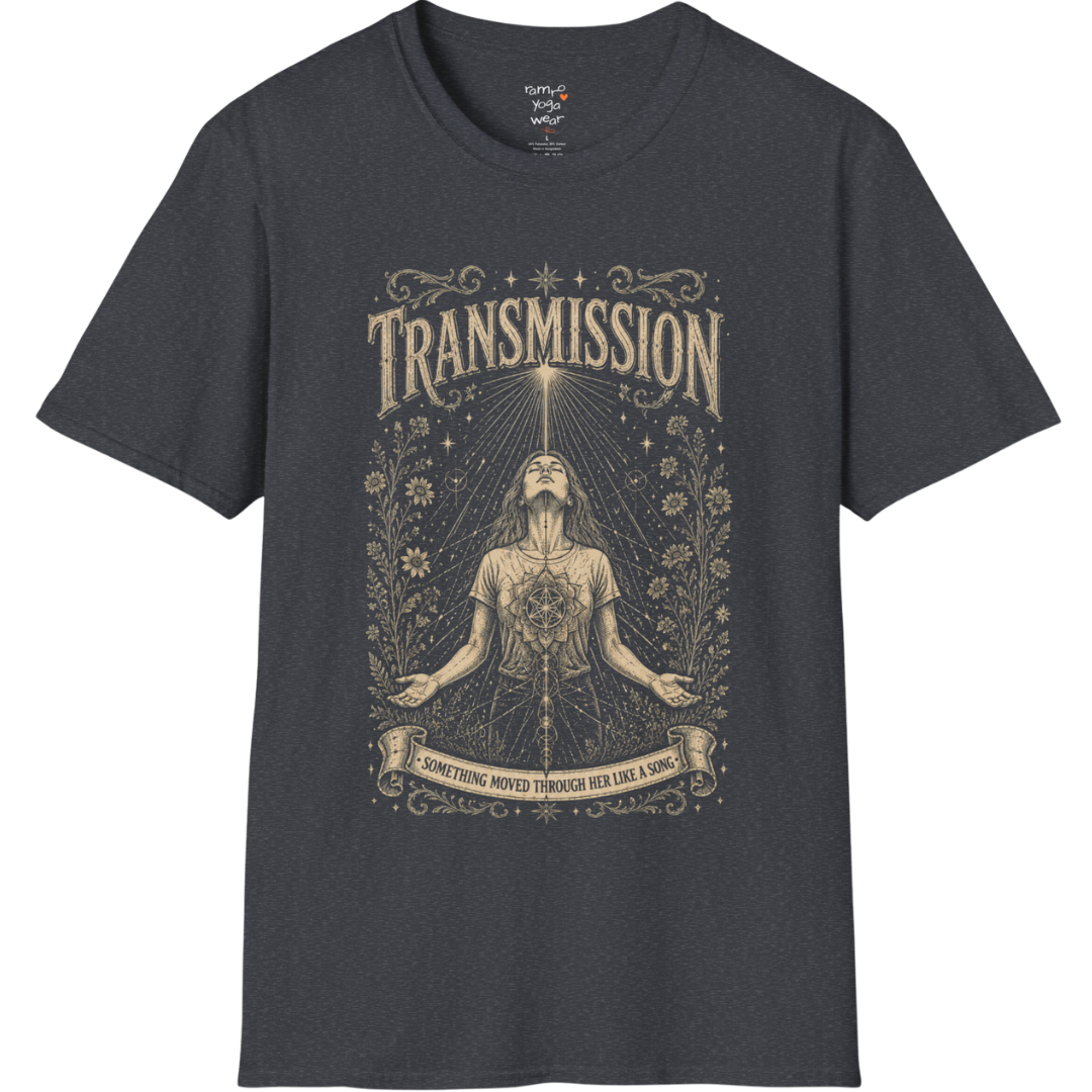 Woman receiving sacred light rays in meditation with botanical engraving design — Dark Sacred Stillness collection by Ramro Yoga Wear — Dark Heather Grey