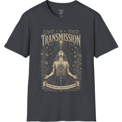 Woman receiving sacred light rays in meditation with botanical engraving design — Dark Sacred Stillness collection by Ramro Yoga Wear — Dark Heather Grey
