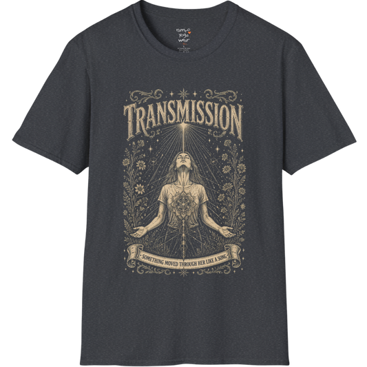 Woman receiving sacred light rays in meditation with botanical engraving design — Dark Sacred Stillness collection by Ramro Yoga Wear — Dark Heather Grey