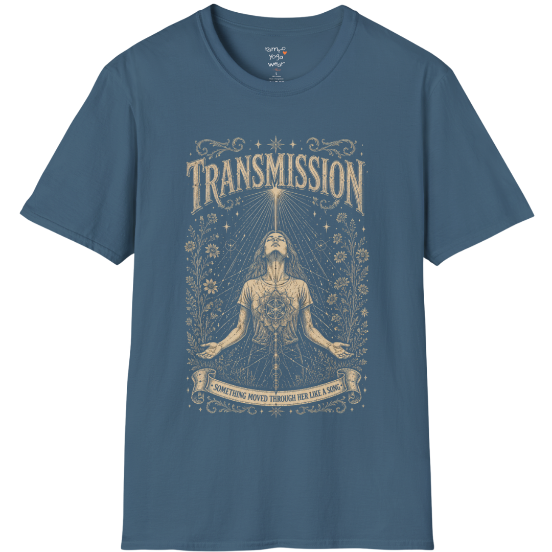 Woman receiving sacred light rays in meditation with botanical engraving design — Dark Sacred Stillness collection by Ramro Yoga Wear — Indigo Blue