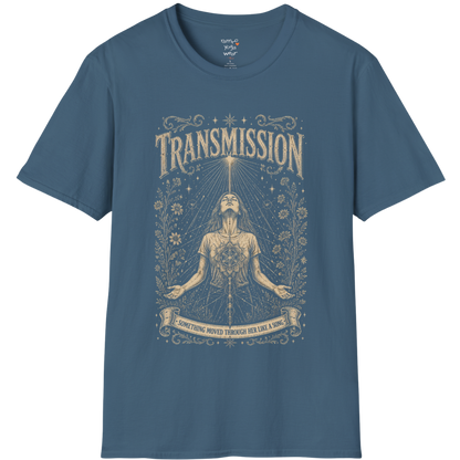 Woman receiving sacred light rays in meditation with botanical engraving design — Dark Sacred Stillness collection by Ramro Yoga Wear — Indigo Blue