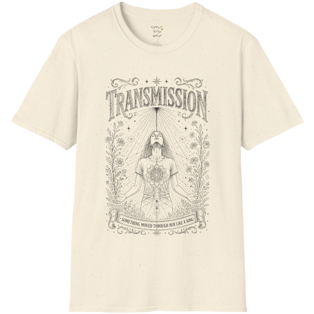 Woman receiving sacred light rays in meditation with botanical engraving design — Dark Sacred Stillness collection by Ramro Yoga Wear — Natural