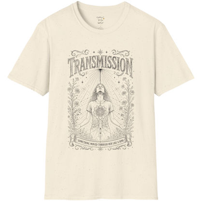Woman receiving sacred light rays in meditation with botanical engraving design — Dark Sacred Stillness collection by Ramro Yoga Wear — Natural