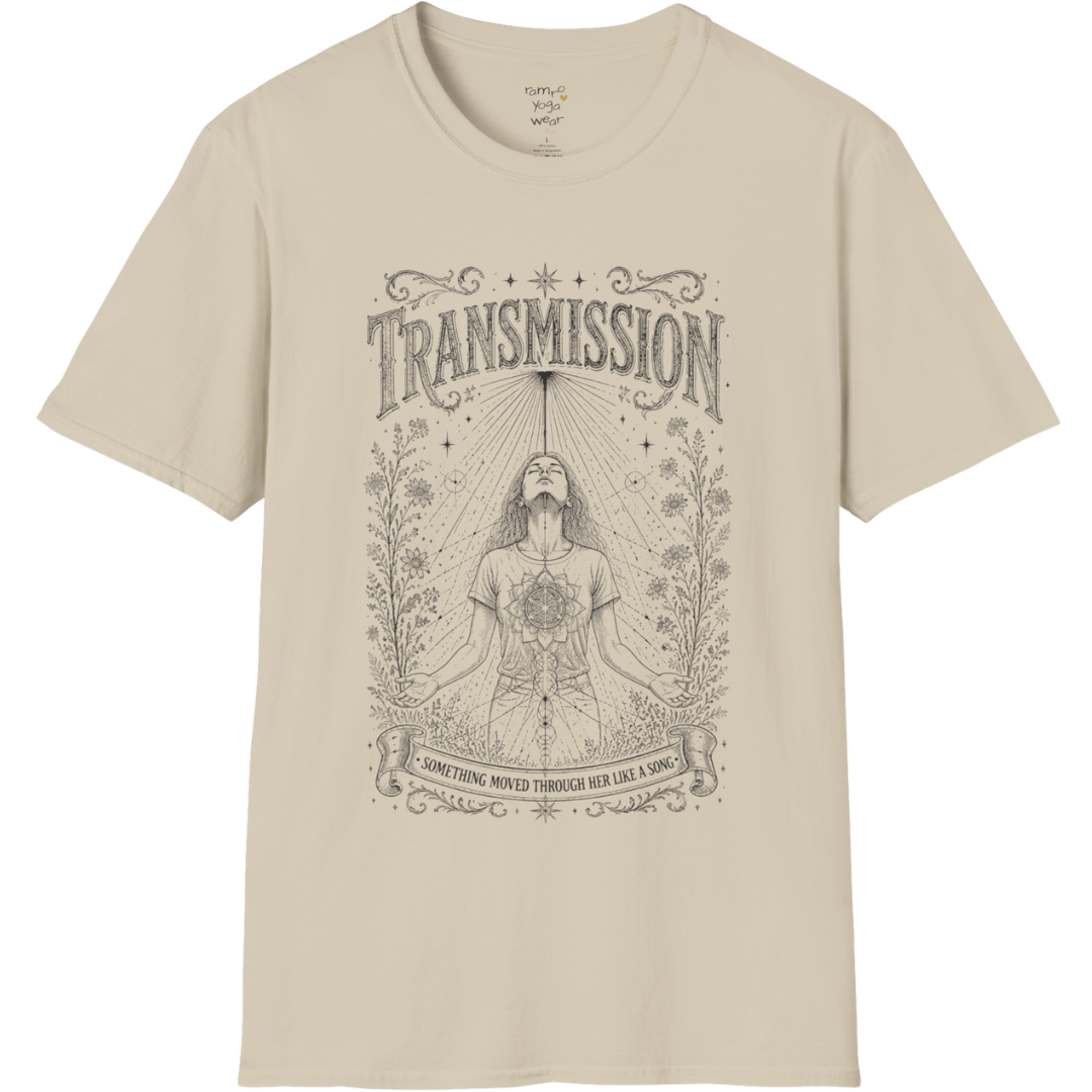 Woman receiving sacred light rays in meditation with botanical engraving design — Dark Sacred Stillness collection by Ramro Yoga Wear — Sand