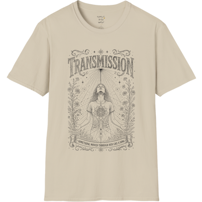 Woman receiving sacred light rays in meditation with botanical engraving design — Dark Sacred Stillness collection by Ramro Yoga Wear — Sand