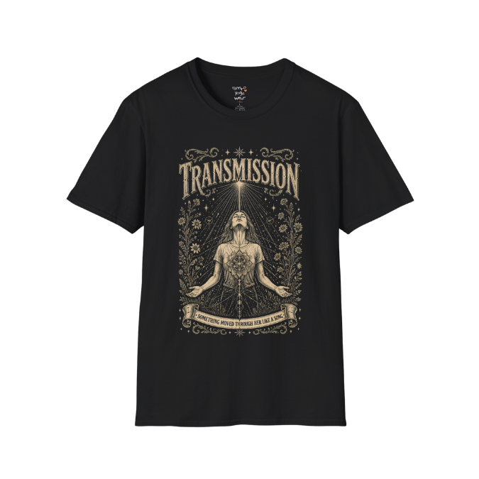 Woman receiving sacred light rays in meditation with botanical engraving design — Dark Sacred Stillness collection by Ramro Yoga Wear — Black