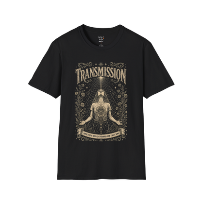 Woman receiving sacred light rays in meditation with botanical engraving design — Dark Sacred Stillness collection by Ramro Yoga Wear — Black