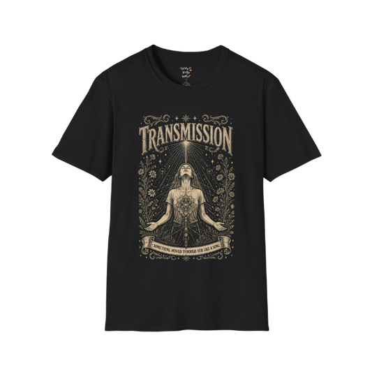 Woman receiving sacred light rays in meditation with botanical engraving design — Dark Sacred Stillness collection by Ramro Yoga Wear — Black