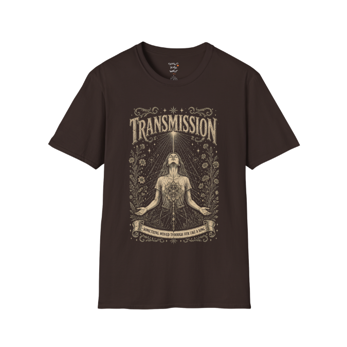 Woman receiving sacred light rays in meditation with botanical engraving design — Dark Sacred Stillness collection by Ramro Yoga Wear — Dark Chocolate