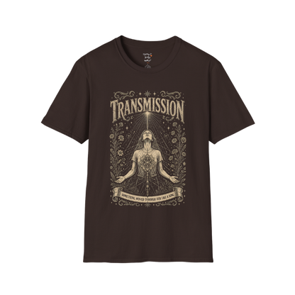 Woman receiving sacred light rays in meditation with botanical engraving design — Dark Sacred Stillness collection by Ramro Yoga Wear — Dark Chocolate