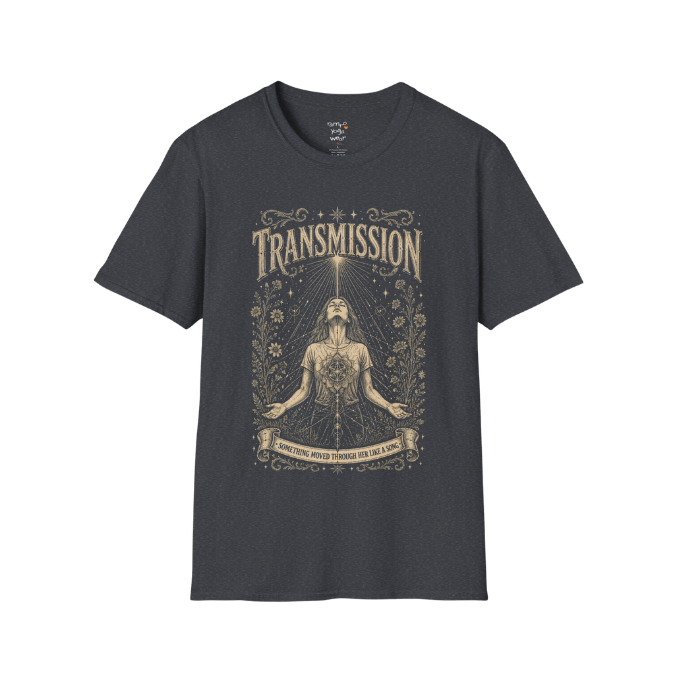 Woman receiving sacred light rays in meditation with botanical engraving design — Dark Sacred Stillness collection by Ramro Yoga Wear — Dark Heather Grey