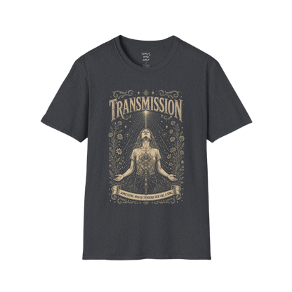 Woman receiving sacred light rays in meditation with botanical engraving design — Dark Sacred Stillness collection by Ramro Yoga Wear — Dark Heather Grey
