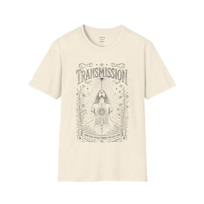 Woman receiving sacred light rays in meditation with botanical engraving design — Dark Sacred Stillness collection by Ramro Yoga Wear — Natural