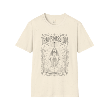 Woman receiving sacred light rays in meditation with botanical engraving design — Dark Sacred Stillness collection by Ramro Yoga Wear — Natural