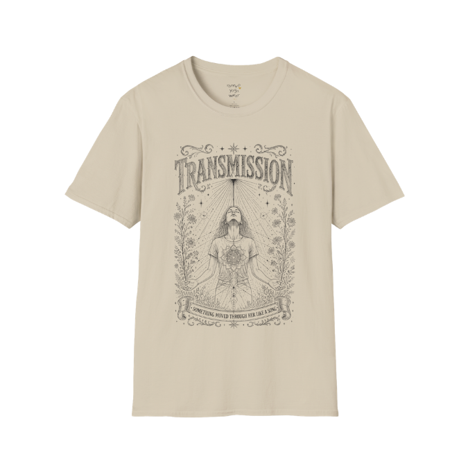 Woman receiving sacred light rays in meditation with botanical engraving design — Dark Sacred Stillness collection by Ramro Yoga Wear — Sand