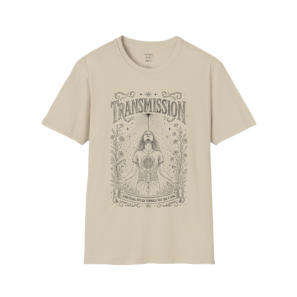 Woman receiving sacred light rays in meditation with botanical engraving design — Dark Sacred Stillness collection by Ramro Yoga Wear — Sand