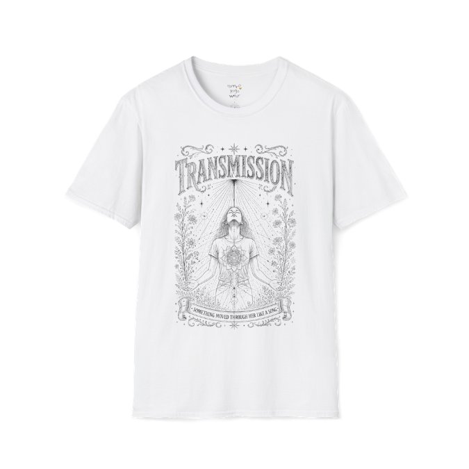 Woman receiving sacred light rays in meditation with botanical engraving design — Dark Sacred Stillness collection by Ramro Yoga Wear — White

