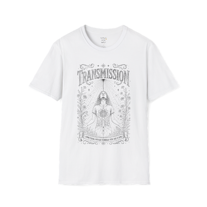 Woman receiving sacred light rays in meditation with botanical engraving design — Dark Sacred Stillness collection by Ramro Yoga Wear — White

