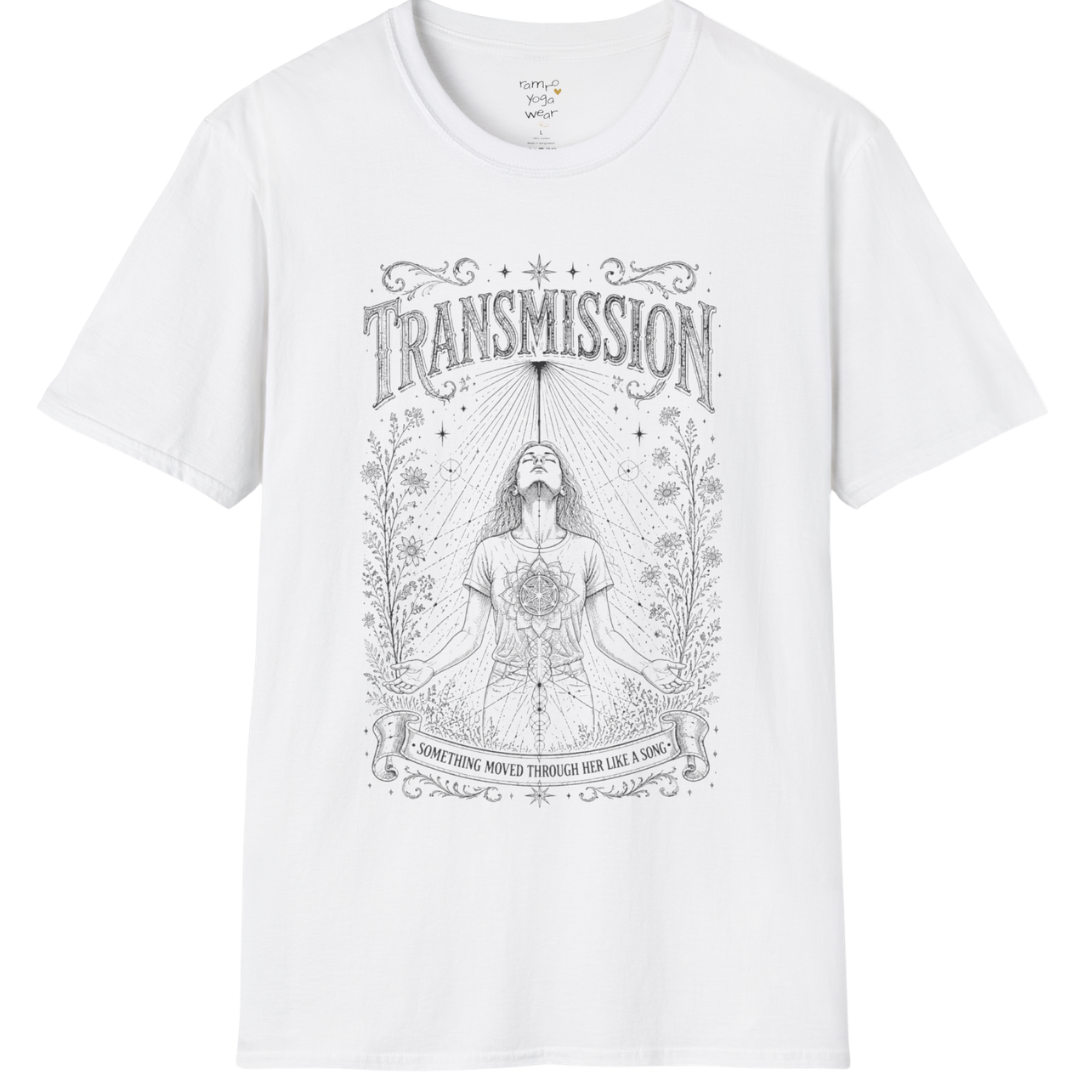 Woman receiving sacred light rays in meditation with botanical engraving design — Dark Sacred Stillness collection by Ramro Yoga Wear — White