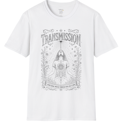 Woman receiving sacred light rays in meditation with botanical engraving design — Dark Sacred Stillness collection by Ramro Yoga Wear — White