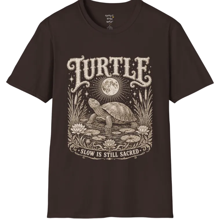 Turtle T-Shirt flat lay with a turtle resting beneath a full moon among lily pads and reeds by calm rippling water — vintage engraved graphic tee by Ramro Yoga Wear in Dark Chocolate.