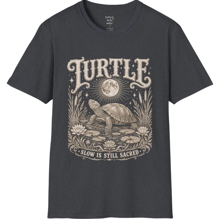 Turtle T-Shirt flat lay with a turtle resting beneath a full moon among lily pads and reeds by calm rippling water — vintage engraved graphic tee by Ramro Yoga Wear in Dark Heather Grey.