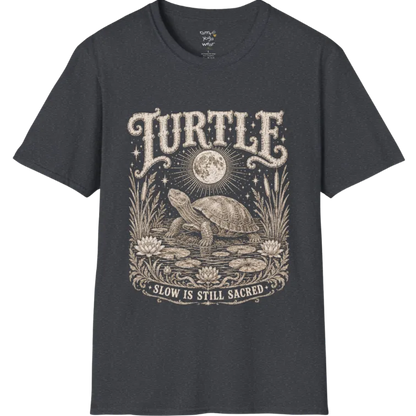 Turtle T-Shirt flat lay with a turtle resting beneath a full moon among lily pads and reeds by calm rippling water — vintage engraved graphic tee by Ramro Yoga Wear in Dark Heather Grey.