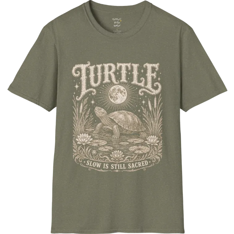 Turtle T-Shirt flat lay with a turtle resting beneath a full moon among lily pads and reeds by calm rippling water — vintage engraved graphic tee by Ramro Yoga Wear in Heather Military Green.