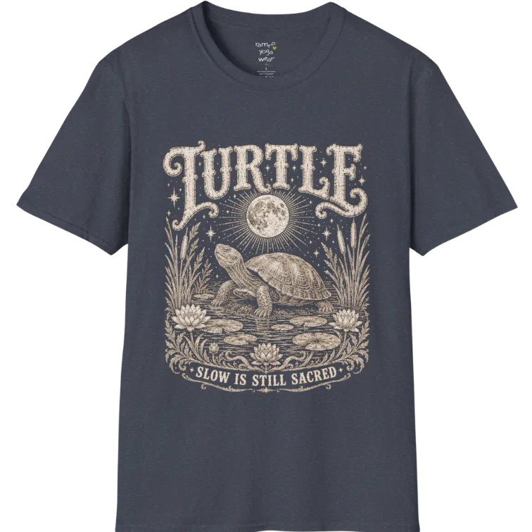 Turtle T-Shirt flat lay with a turtle resting beneath a full moon among lily pads and reeds by calm rippling water — vintage engraved graphic tee by Ramro Yoga Wear in Heather Navy.