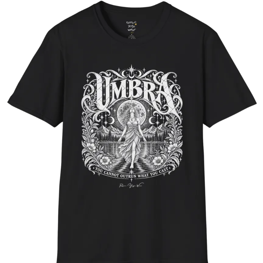 A short sleeved tee called the Umbra T-Shirt, flat lay and a Gildan 64000 shirt. Simply says, You Cannot Outrun What You Cast. Design highlights a moon goddess walking across still water toward distant mountains, framed in ornate vintage lettering with botanical detailing. Color is Black.