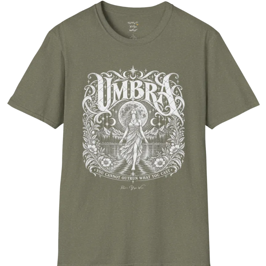 A short sleeved tee called the Umbra T-Shirt, flat lay and a Gildan 64000 shirt. Simply says, You Cannot Outrun What You Cast. Design highlights a moon goddess walking across still water toward distant mountains, framed in ornate vintage lettering with botanical detailing. Color is Heather Military Green.