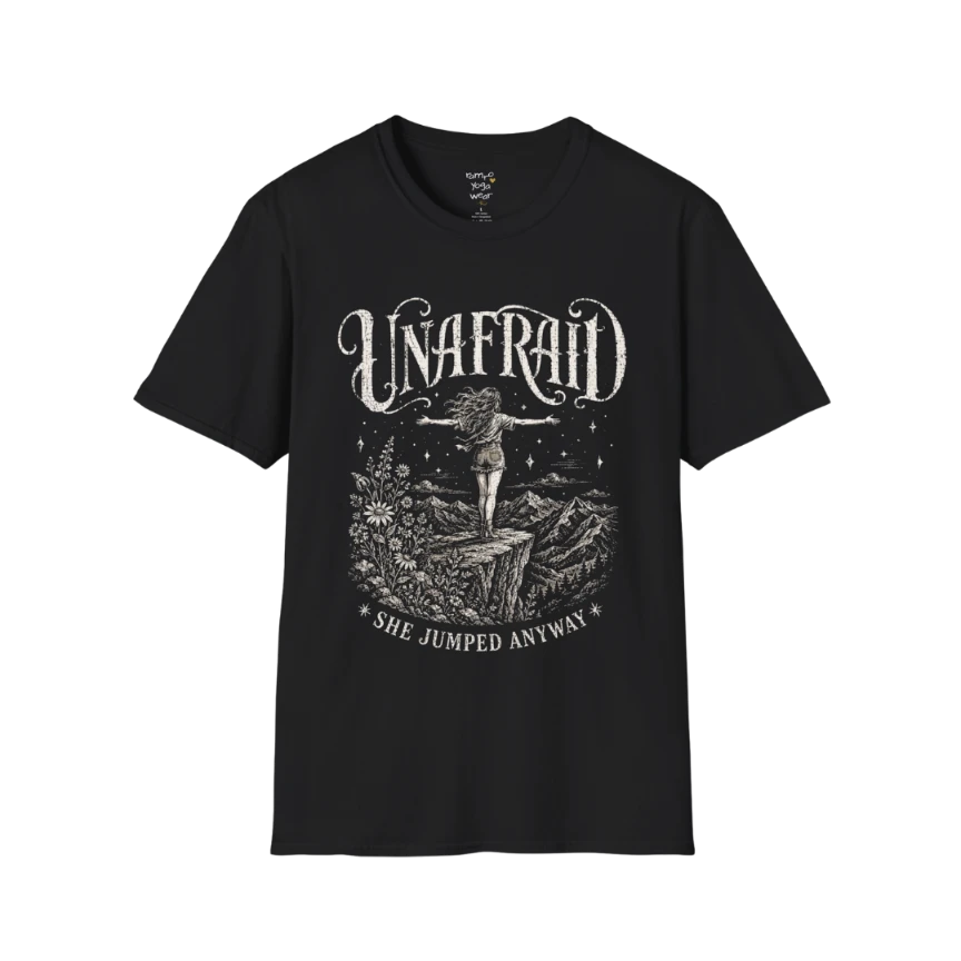 Black Unafraid T-Shirt featuring a vintage mystical cowgirl-inspired design with celestial detailing and bold feminine energy. Soft spiritual streetwear yoga tee.