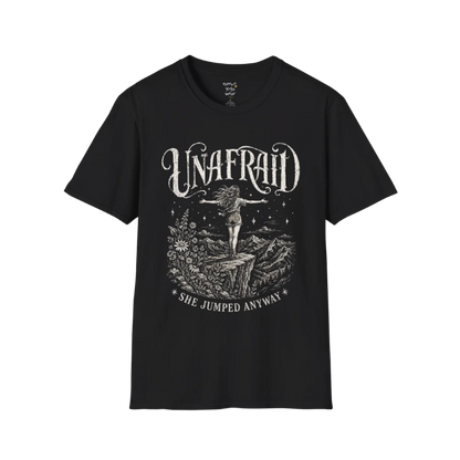 Black Unafraid T-Shirt featuring a vintage mystical cowgirl-inspired design with celestial detailing and bold feminine energy. Soft spiritual streetwear yoga tee.