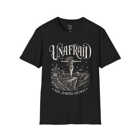 Black Unafraid T-Shirt featuring a vintage mystical cowgirl-inspired design with celestial detailing and bold feminine energy. Soft spiritual streetwear yoga tee.