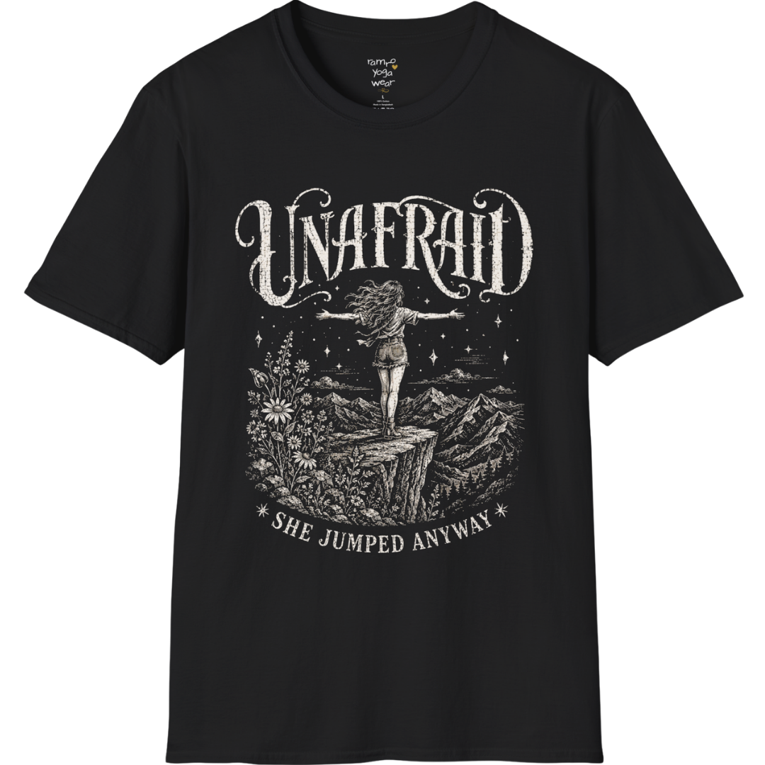 Black Unafraid T-Shirt featuring a vintage mystical cowgirl-inspired design with celestial detailing and bold feminine energy. Soft spiritual streetwear yoga tee.