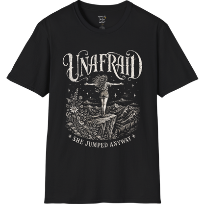 Black Unafraid T-Shirt featuring a vintage mystical cowgirl-inspired design with celestial detailing and bold feminine energy. Soft spiritual streetwear yoga tee.