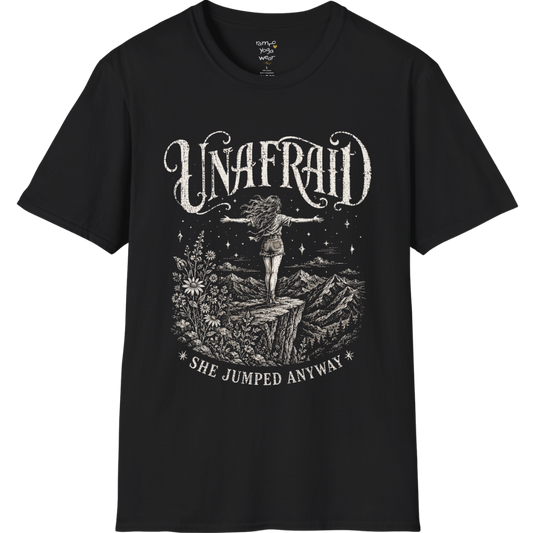 Black Unafraid T-Shirt featuring a vintage mystical cowgirl-inspired design with celestial detailing and bold feminine energy. Soft spiritual streetwear yoga tee.