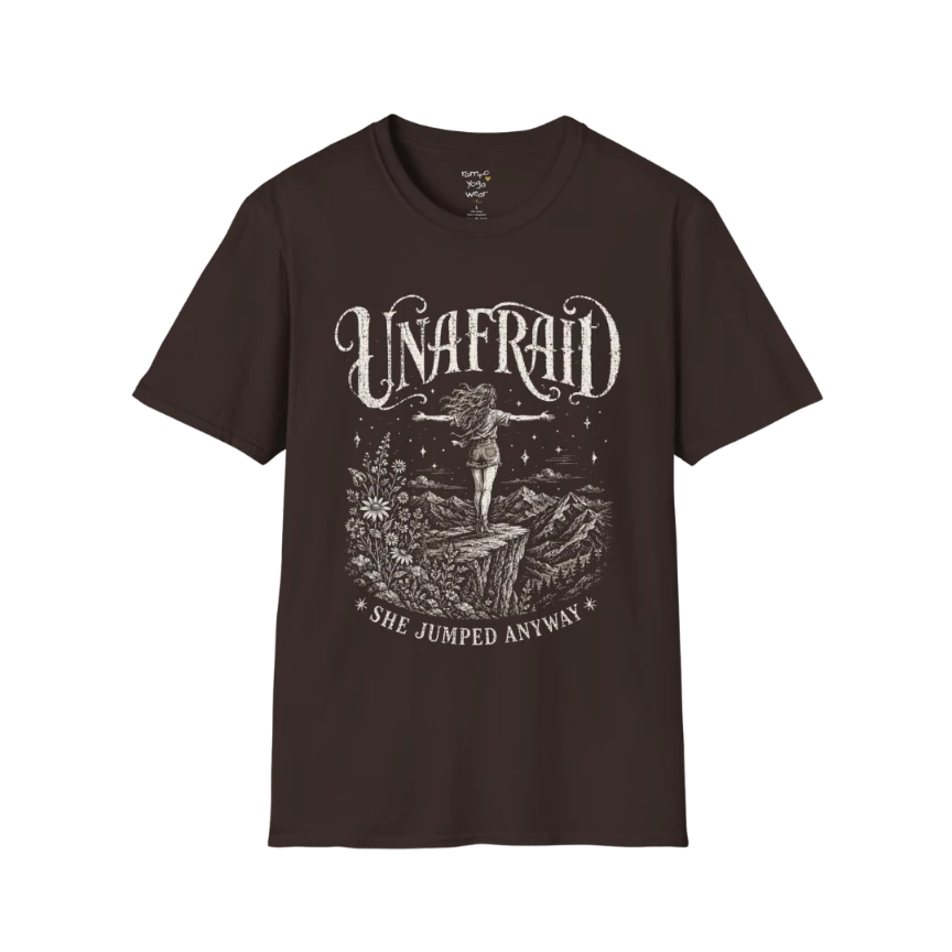 Dark Chocolate Unafraid T-Shirt with engraved vintage Western artwork, mystical stars, and fearless feminine styling. Relaxed yoga lifestyle streetwear tee.