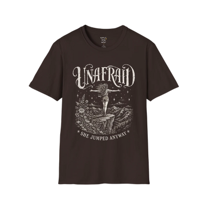 Dark Chocolate Unafraid T-Shirt with engraved vintage Western artwork, mystical stars, and fearless feminine styling. Relaxed yoga lifestyle streetwear tee.