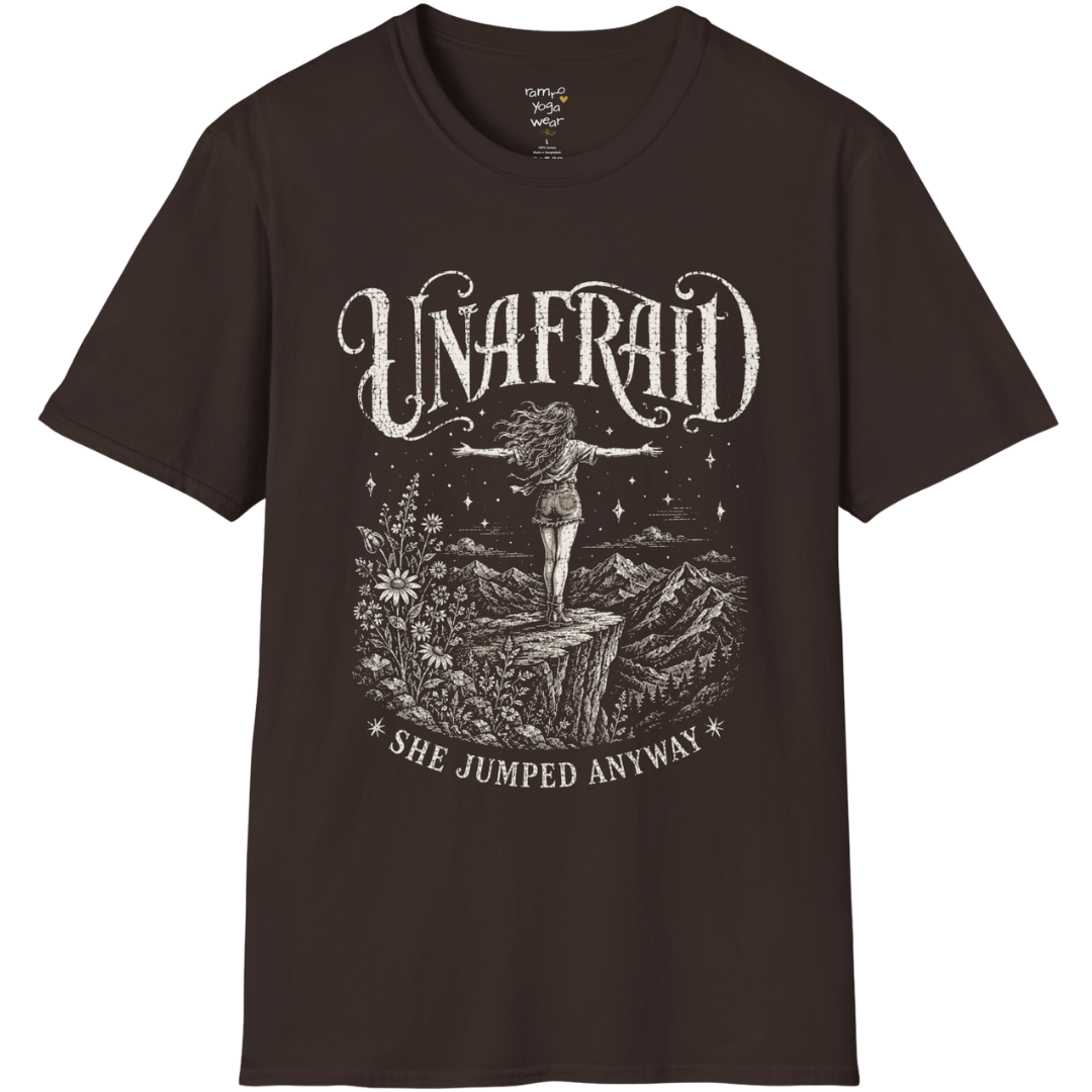 Dark Chocolate Unafraid T-Shirt with engraved vintage Western artwork, mystical stars, and fearless feminine styling. Relaxed yoga lifestyle streetwear tee.