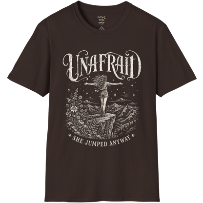 Dark Chocolate Unafraid T-Shirt with engraved vintage Western artwork, mystical stars, and fearless feminine styling. Relaxed yoga lifestyle streetwear tee.