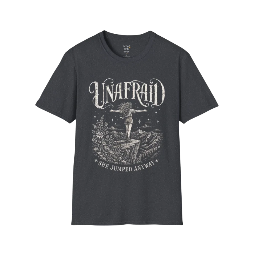Dark Heather Grey Unafraid T-Shirt featuring a distressed mystical cowgirl illustration with celestial accents and soulful Western-inspired energy.