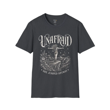 Dark Heather Grey Unafraid T-Shirt featuring a distressed mystical cowgirl illustration with celestial accents and soulful Western-inspired energy.
