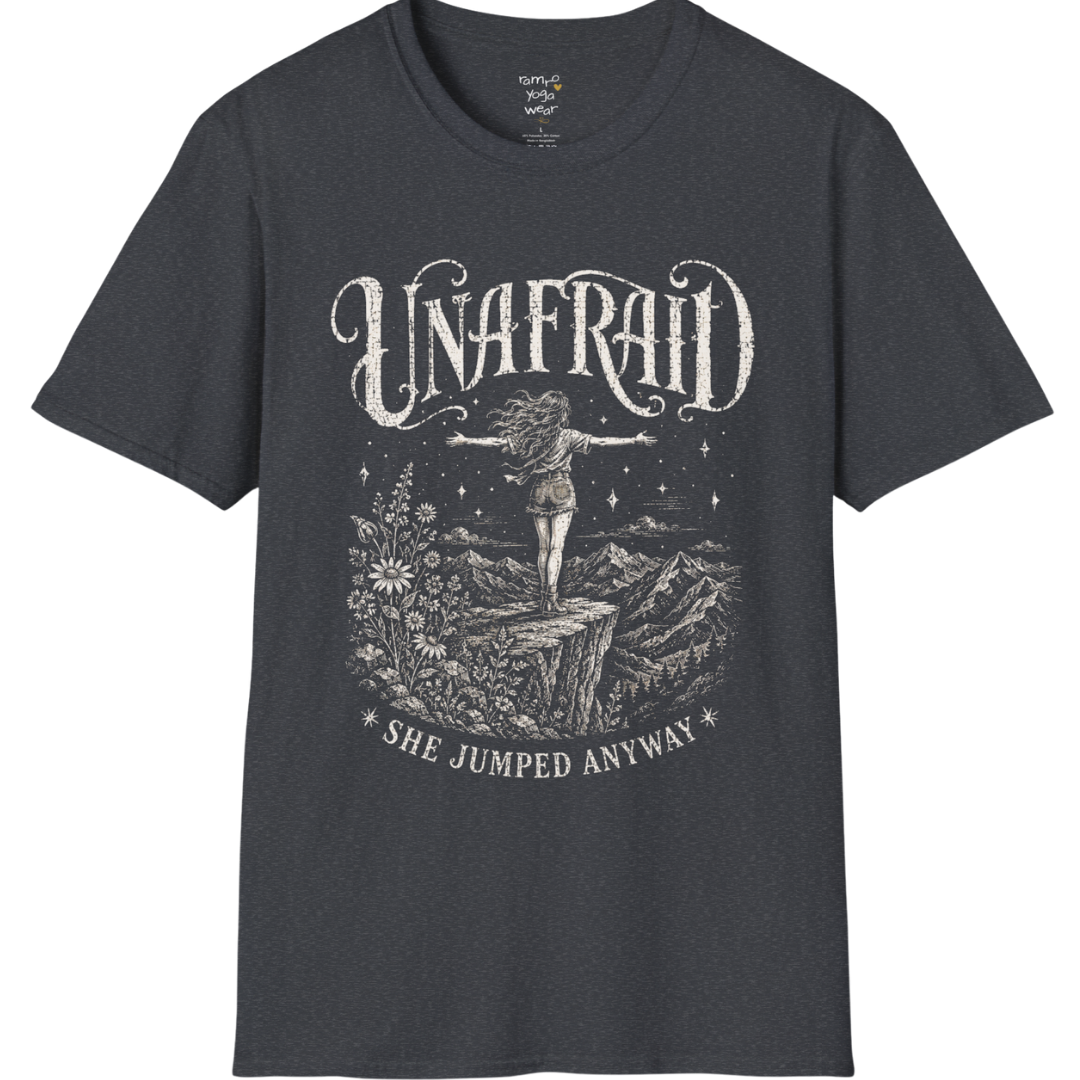 Dark Heather Grey Unafraid T-Shirt featuring a distressed mystical cowgirl illustration with celestial accents and soulful Western-inspired energy.