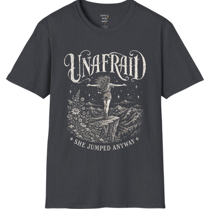 Dark Heather Grey Unafraid T-Shirt featuring a distressed mystical cowgirl illustration with celestial accents and soulful Western-inspired energy.