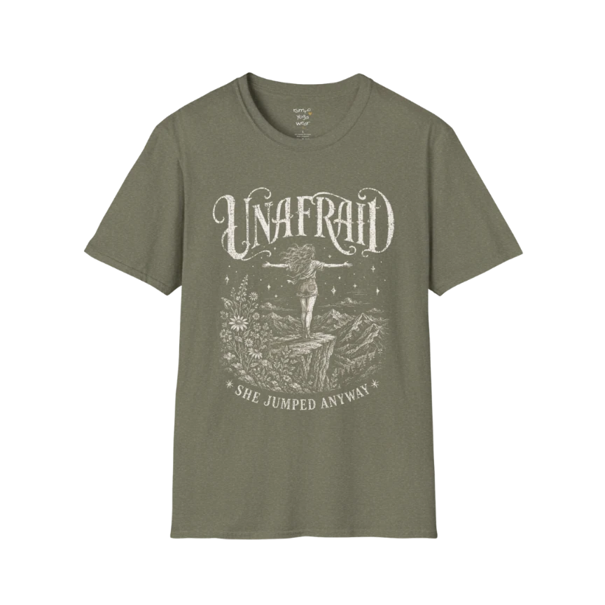 Heather Military Green Unafraid T-Shirt with vintage celestial artwork and fearless feminine design. Soft earthy yoga lifestyle and spiritual streetwear tee.