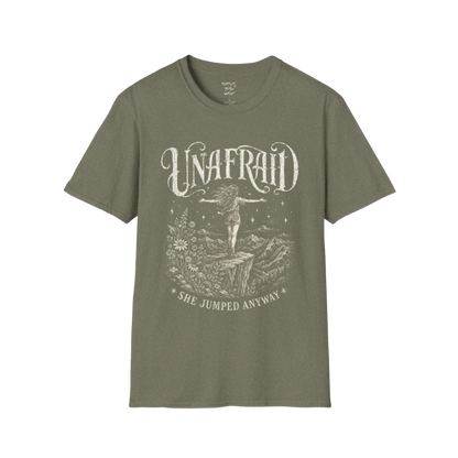 Heather Military Green Unafraid T-Shirt with vintage celestial artwork and fearless feminine design. Soft earthy yoga lifestyle and spiritual streetwear tee.